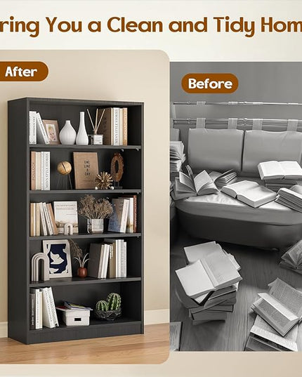 Soohow Grey Bookcase,Bookshelf for Bedroom,60 inches Tall Wood Book case Book Shelves,5 Shelf Book Shelves for Living Room Office - LeafyLoom