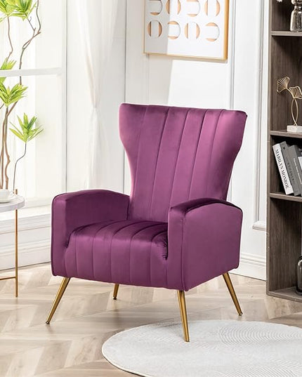 Armchair Modern Velvet Accent Chair, Channel Tufted Bedroom, Office or Living Room Furniture with Elegant Metal Legs, Purple - LeafyLoom