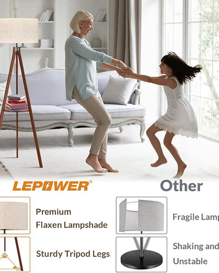 LEPOWER Tripod Floor Lamp, Mid Century Wood Standing Lamp, Modern Design Shelf Floor Lamp for Living Room, Bedroom, Office, Flaxen Lamp Shade with E26 Lamp Base Brown - LeafyLoom