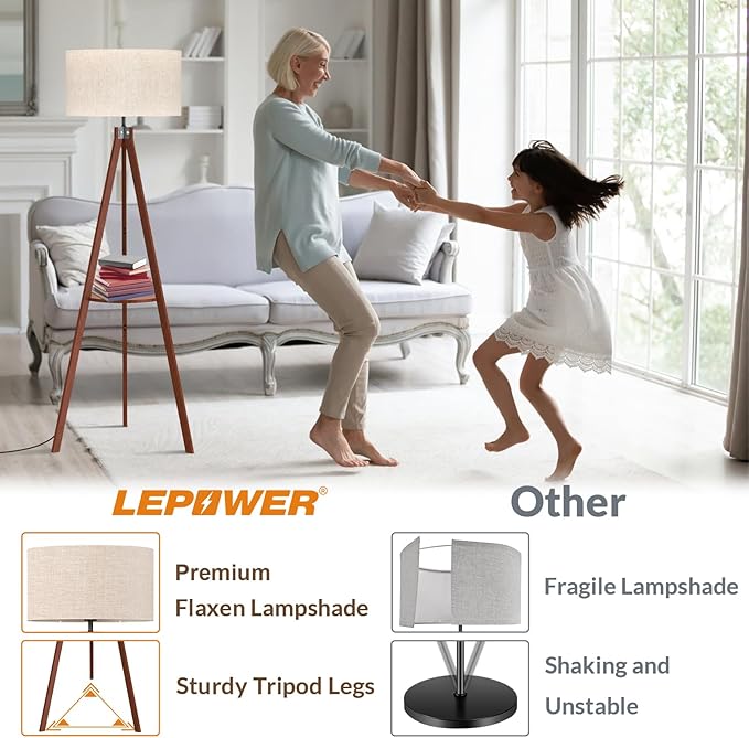 LEPOWER Tripod Floor Lamp, Mid Century Wood Standing Lamp, Modern Design Shelf Floor Lamp for Living Room, Bedroom, Office, Flaxen Lamp Shade with E26 Lamp Base Brown - LeafyLoom