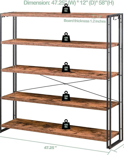 HCHQHS Bookshelf, 5-Tier Industrial Bookcase, Rustic Open Book Shelf, Freestanding Tall Bookshelves with Metal Frame - LeafyLoom