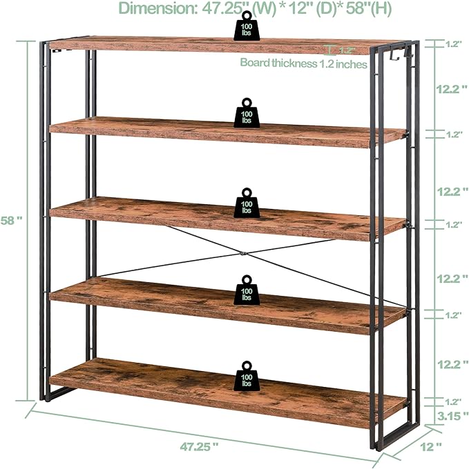 HCHQHS Bookshelf, 5-Tier Industrial Bookcase, Rustic Open Book Shelf, Freestanding Tall Bookshelves with Metal Frame - LeafyLoom