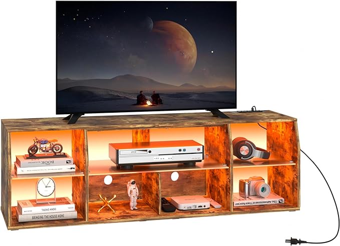 VECELO LED Gaming TV Stand with Power Outlets Television Cabinet with 7 Open Storage Shelves, Industrial Entertainment Center for Living Room and Bedroom, Light Brown, 55inch - LeafyLoom