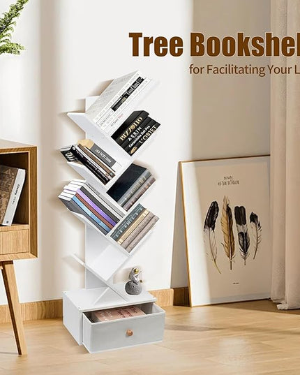 8-Tier Bookshelf Tree Bookshelf Book Tree with Drawer Wooden Bookshelves Storage Rack for CDs/Books, Shelves for Bedroom, Living Room & Office (White) - LeafyLoom