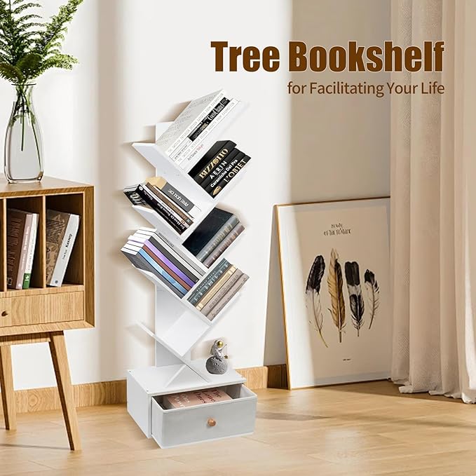 8-Tier Bookshelf Tree Bookshelf Book Tree with Drawer Wooden Bookshelves Storage Rack for CDs/Books, Shelves for Bedroom, Living Room & Office (White) - LeafyLoom
