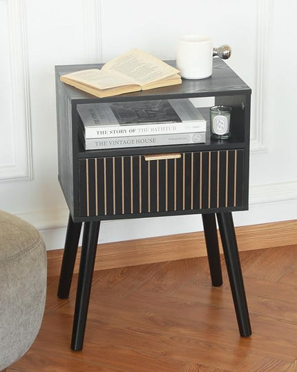 MaxSmeo Black Nightstand with Drawer, Bedside Table Set of 2, Mid Century Modern Nightstand with Open Shelf Storage, End Table with Solid Wood Legs, Black - LeafyLoom