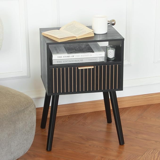 MaxSmeo Black Nightstand with Drawer, Bedside Table Set of 2, Mid Century Modern Nightstand with Open Shelf Storage, End Table with Solid Wood Legs, Black - LeafyLoom