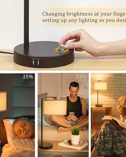 Table Lamps Set of 2, Fully Dimmable Bedside Lamp with Dual USB Charging Ports, Modern Nightstand Lamps with Linen Fabric Shades, Tall Desk Lamp for Bedroom, Living Room, Office, LED Bulb Included - LeafyLoom