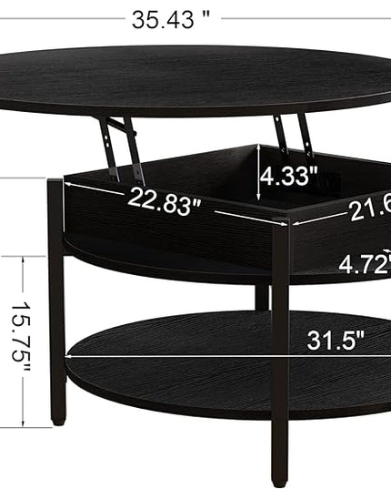 FABATO Round Lift Top Coffee Table for Living Room, 35.43'' Round Coffee Table with Storage and Hidden Compartment, 2 Tier Large Farmhouse Coffee Table Round Dining Table, Black - LeafyLoom