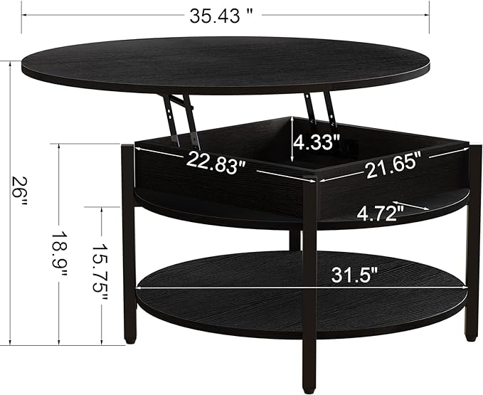 FABATO Round Lift Top Coffee Table for Living Room, 35.43'' Round Coffee Table with Storage and Hidden Compartment, 2 Tier Large Farmhouse Coffee Table Round Dining Table, Black - LeafyLoom