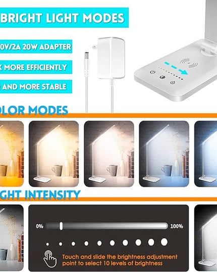 LED Desk Lamp with Wireless Charger, USB Charging Port, Desk Light with 10 Brightness, 5 Color Modes, Dimmable Eye Caring Reading Desk Lamps for Home Office, Touch Control, Auto Timer, White - LeafyLoom