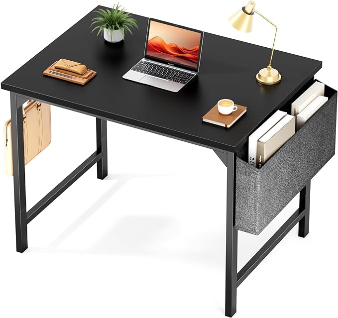 STATESVILLE 32 inch Small Computer Desk Writing Study Work Office Table Modern Simple with Storage Bag and Hook for Home Bedroom, Black - LeafyLoom