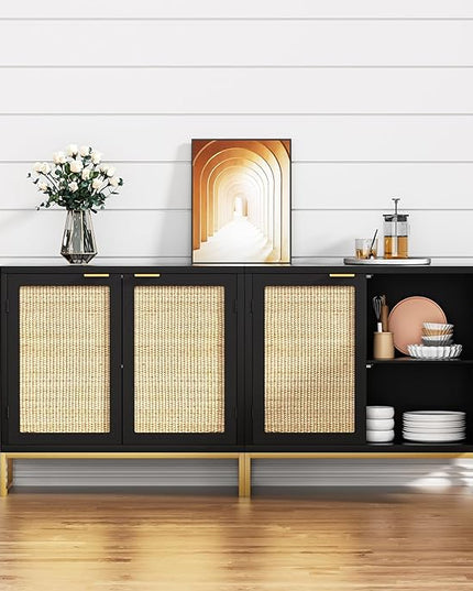 Anmytek Rattan Sideboard Buffet Kitchen Storage Cabinet with 2 Doors, Modern Black Accent Cabinet for Kitchen Buffet Cabinet with Storage for Kitchen - LeafyLoom