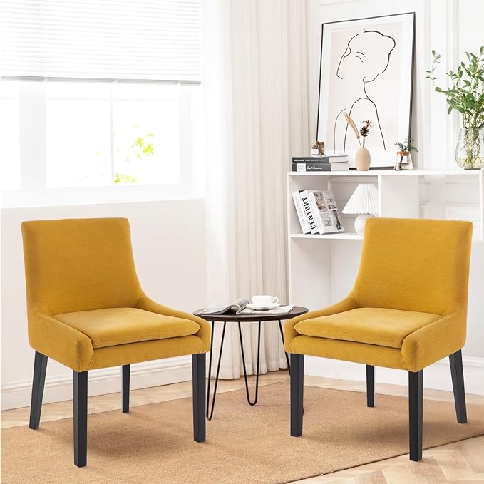 COLAMY Modern Dining Chairs Set of 4, Upholstered Corduroy Accent Side Leisure Chairs with Mid Back and Wood Legs for Living Room/Dining Room-Yellow - LeafyLoom