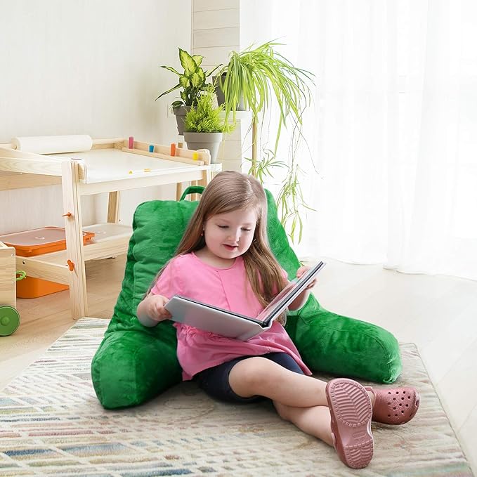 Clara Clark Reading Pillow for Kids, Small Back Pillow for Sitting Up in Bed, Memory Foam Back Support Pillow, Reading Pillows for Sitting in Bed, Green Gaming Pillow for Bed with Arms and Pockets - LeafyLoom