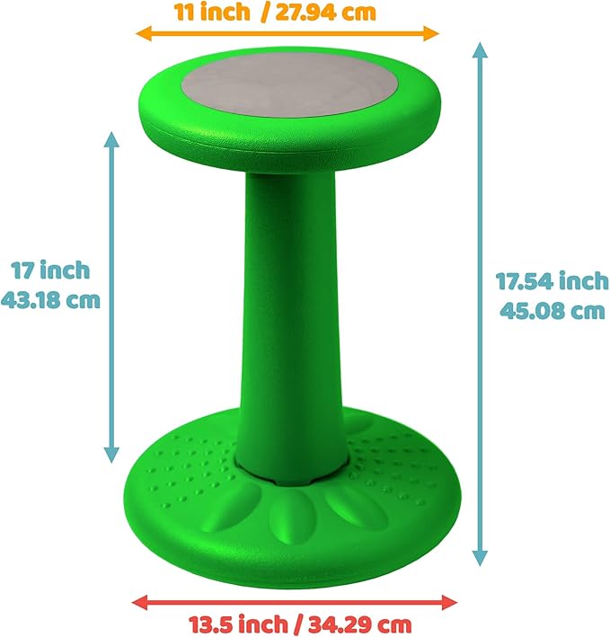 Studico ActiveChairs Kids Wobble Stool, Flexible Elementary Classroom Seating, Improves Focus, Posture and Helps ADHD/ADD, Sensory Chair, Active Fidget Chairs, Pre-Teen 17.75" Chair, Ages 7-12, Green - LeafyLoom