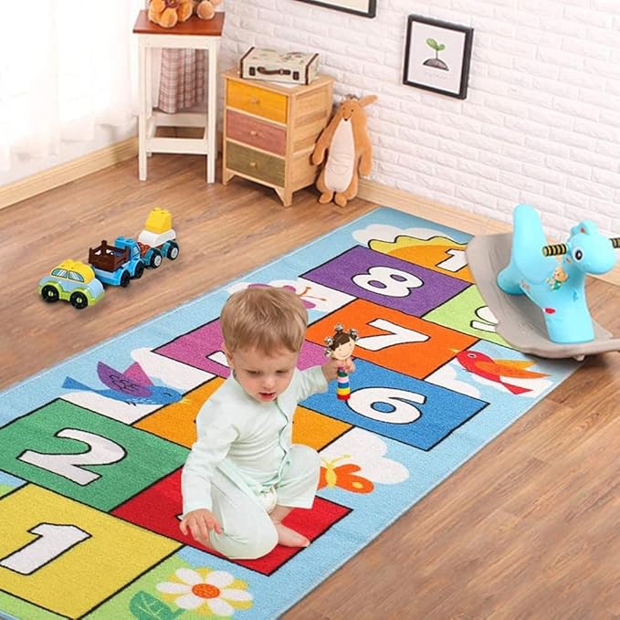 Hop and Count Hopscotch Rug, Kids Floor Play Area Rug Game Carpet Crawl Jump Mat, Children Numbers Learning Non-Slip Rug, Great for Ages 3 to 7 Boys Girls, Home Decor, 26''x55'' - LeafyLoom