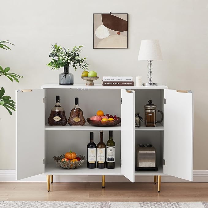 Storage Cabinet, Modern Accent Buffet Cabinet, FreeStanding Sideboard and Buffet Storage Adjustable Shelves with 3 Doors for Bedroom, Living Room, Kitchen or Hallway,White - LeafyLoom