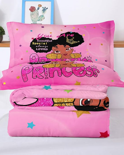 Kids Twin Bedding Set for Girls, Princess Comforter Set Twin, Black Girl Bed Set, Pink Teens Kids Daybed Quilt Set with 1 Comforter and 2 Pillow Cases - LeafyLoom