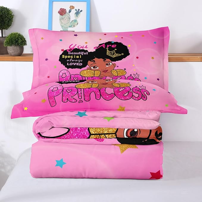 Kids Twin Bedding Set for Girls, Princess Comforter Set Twin, Black Girl Bed Set, Pink Teens Kids Daybed Quilt Set with 1 Comforter and 2 Pillow Cases - LeafyLoom