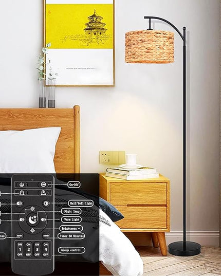 Floor Lamp for Living Room Bedroom Rattan Boho Arc Standing Lamp with Remote Dimmable Black Wicker Bamboo Lamp Shade Floor Light Adjustable Tall Lamp Farmhouse Industrial Floor Lamps Bohemian - LeafyLoom