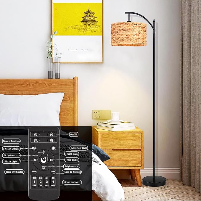 Floor Lamp for Living Room Bedroom Rattan Boho Arc Standing Lamp with Remote Dimmable Black Wicker Bamboo Lamp Shade Floor Light Adjustable Tall Lamp Farmhouse Industrial Floor Lamps Bohemian - LeafyLoom