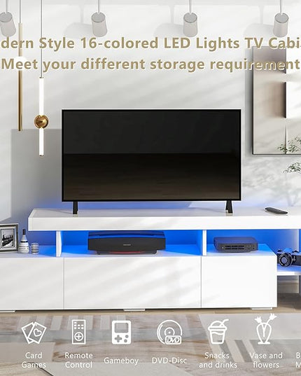 Merax Modern Style 16-Colored LED Lights TV Cabinet Up to 70 inch Television, UV High Gloss Surface Entertainment Center with DVD Shelf, 73.2" Length, White - LeafyLoom