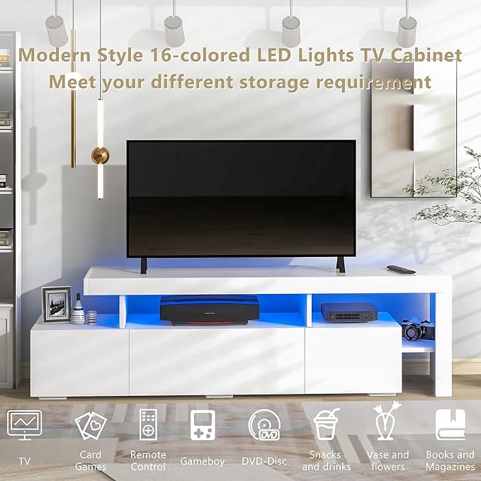 Merax Modern Style 16-Colored LED Lights TV Cabinet Up to 70 inch Television, UV High Gloss Surface Entertainment Center with DVD Shelf, 73.2" Length, White - LeafyLoom