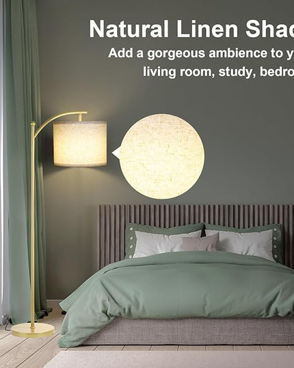 Floor Lamp for Living Room, Dimmable Standing Lamp Tall with Linen Shade Modern Floor Lamps Foot-step Switch Reading Lamp for Living Room Bedroom Office Dining Room, 9W Bulb Included (Gold) - LeafyLoom