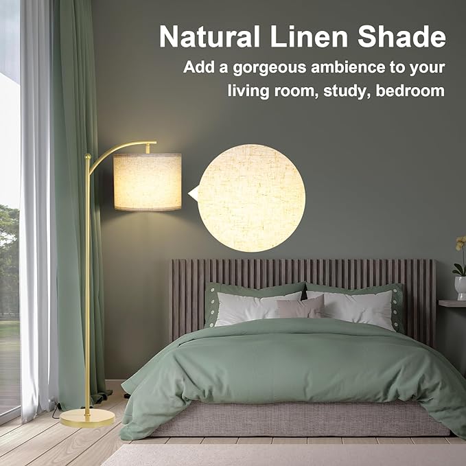 Floor Lamp for Living Room, Dimmable Standing Lamp Tall with Linen Shade Modern Floor Lamps Foot-step Switch Reading Lamp for Living Room Bedroom Office Dining Room, 9W Bulb Included (Gold) - LeafyLoom
