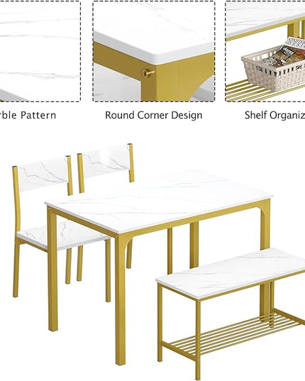 soges 4 Person Dining Table Set,43.3 inch Kitchen Table Set for 4,2 Chairs with Backrest,2-Person Bench with Storage Rack,Nesting Furniture Set for Dining Room and Restaurant, White Gold - LeafyLoom