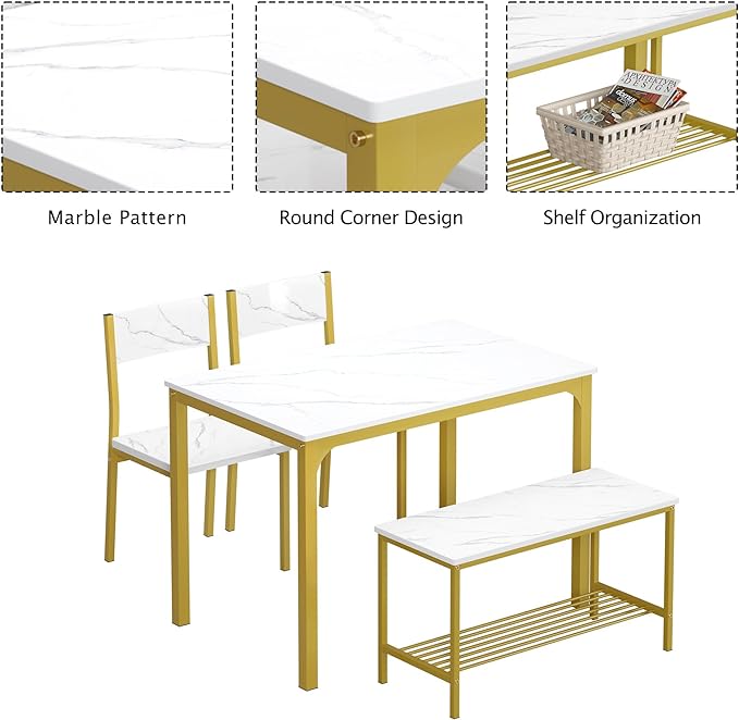 soges 4 Person Dining Table Set,43.3 inch Kitchen Table Set for 4,2 Chairs with Backrest,2-Person Bench with Storage Rack,Nesting Furniture Set for Dining Room and Restaurant, White Gold - LeafyLoom