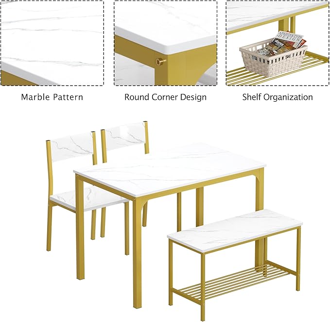 SDHYL Dining Table Set,Two Chairs and One Bench 4 Pieces Set Wooden Table Top with Metal Legs for Breakfast in Living Room, Kitchen Room, Dining Room,Space Saving Kitchen Table Set,Rustic Brown - LeafyLoom