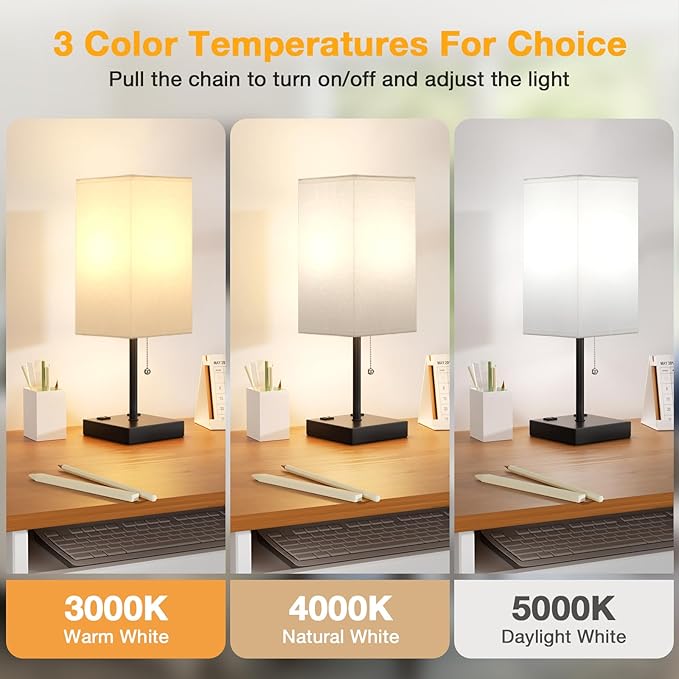 aooshine White Table Lamp for Bedside - 3 Color Temperature 3000K 5000K 4000K Bedroom Lamp, Pull Chain Control, USB A and C Ports, AC Outlets, Bulb Included, Medium - LeafyLoom