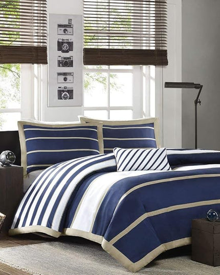 Mi Zone Ashton Casual Comforter Set, Vibrant Colorblock Design, Modern Bedding Geometric Stripes All Season Cover, Matching Shams, Decorative Pillow, King/Cal King, Khaki/Navy, 4 Piece - LeafyLoom