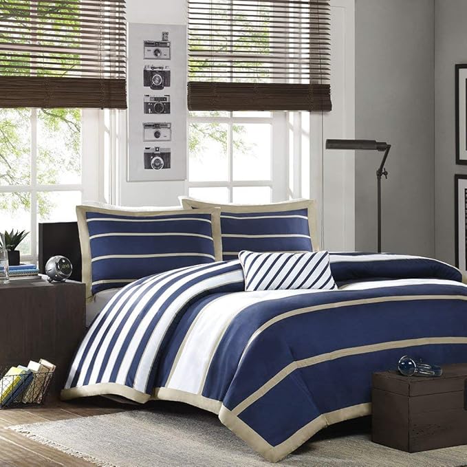Mi Zone Ashton Casual Comforter Set, Vibrant Colorblock Design, Modern Bedding Geometric Stripes All Season Cover, Matching Shams, Decorative Pillow, King/Cal King, Khaki/Navy, 4 Piece - LeafyLoom