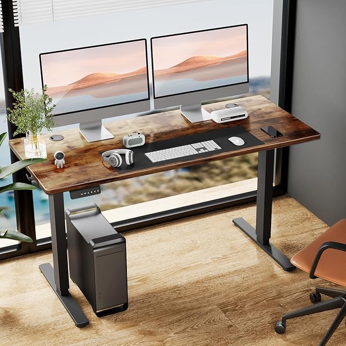 SMUG Standing Desk, Adjustable Height Electric Sit Stand Up Down Computer Table, 48x24 Inch Ergonomic Rising Desks for Work Office Home, Modern Gaming Desktop Workstation, Rust Brown - LeafyLoom