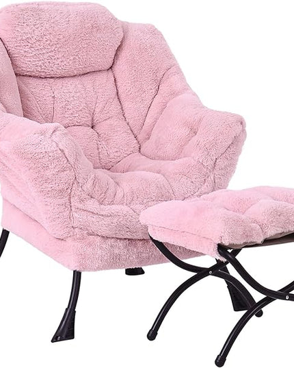 Lazy Chair with Ottoman, Modern Accent Chair Contemporary Lounge Leisure Upholstered Sofa Chair Set with Armrests, Reading Chair for Living Room, Bedroom, Office, Plush Pink - LeafyLoom
