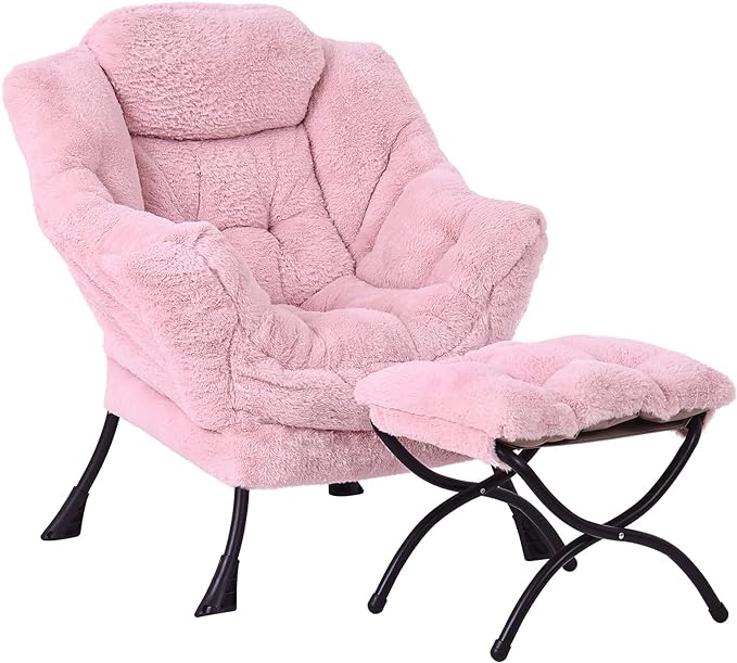 Lazy Chair with Ottoman, Modern Accent Chair Contemporary Lounge Leisure Upholstered Sofa Chair Set with Armrests, Reading Chair for Living Room, Bedroom, Office, Plush Pink - LeafyLoom