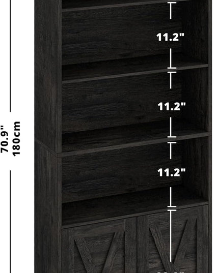 IRONCK Industrial Bookshelves and Bookcases with Doors Floor Standing 6 Shelf Display Storage Shelves 70 in Tall Bookcase for Home Office, Living Room - LeafyLoom