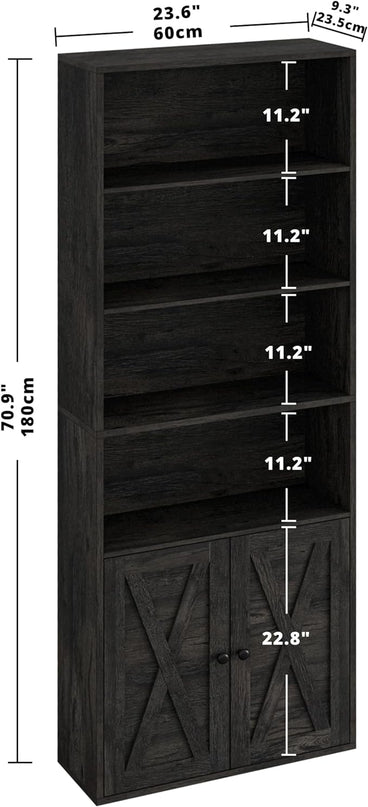 IRONCK Industrial Bookshelves and Bookcases with Doors Floor Standing 6 Shelf Display Storage Shelves 70 in Tall Bookcase for Home Office, Living Room - LeafyLoom