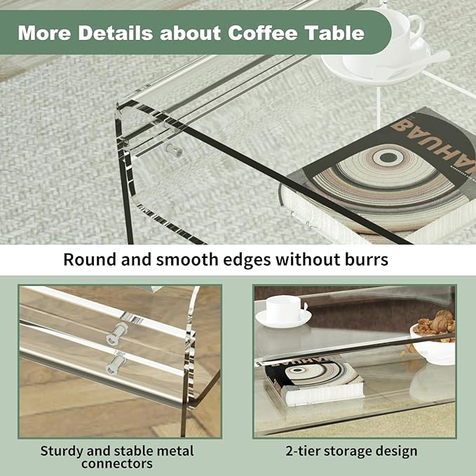 Acrylic Coffee Table, 31.5" Clear Coffee Table with Storage Shelf, Rectangle Centre Table, Modern Coffee Table for Living Room, Office，31.5" L x 15.8" W x 15" H - LeafyLoom