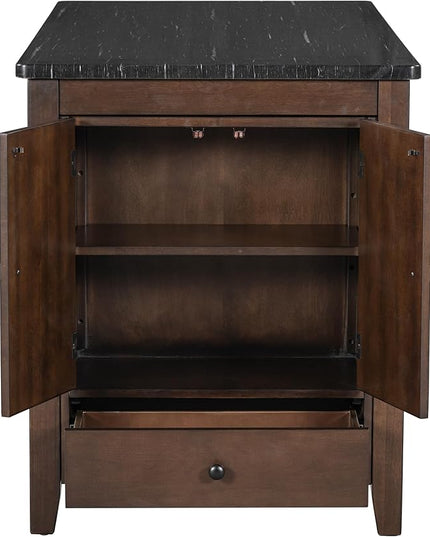 Counter Height Dining 4 with Faux Marble Tabletop, Solid Wood Modern Table Set with Storage Cabinet and Drawer, Dark Walnut - LeafyLoom