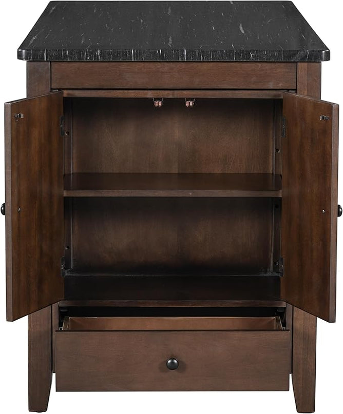 Counter Height Dining 4 with Faux Marble Tabletop, Solid Wood Modern Table Set with Storage Cabinet and Drawer, Dark Walnut - LeafyLoom