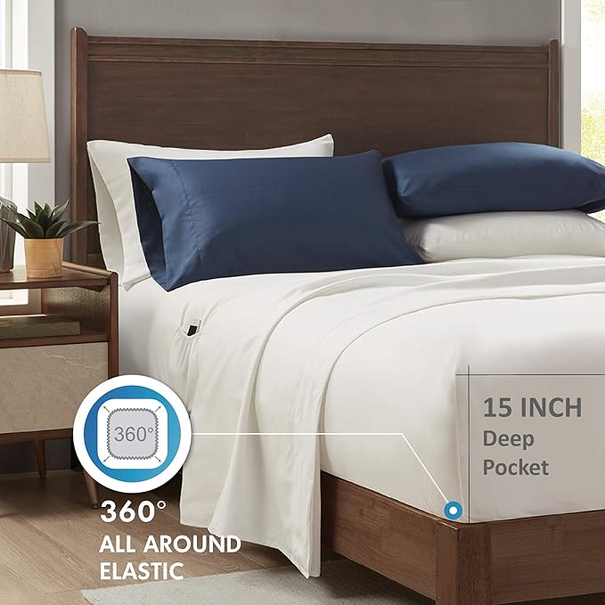 Comfort Spaces Bed in A Bag Comforter Set - College Dorm Room Essentials for Boys Men Bedding, Complete Dormitory Bedroom Pack And Sheet with 2 Side Pockets, Queen, Stripes Navy/Red - LeafyLoom