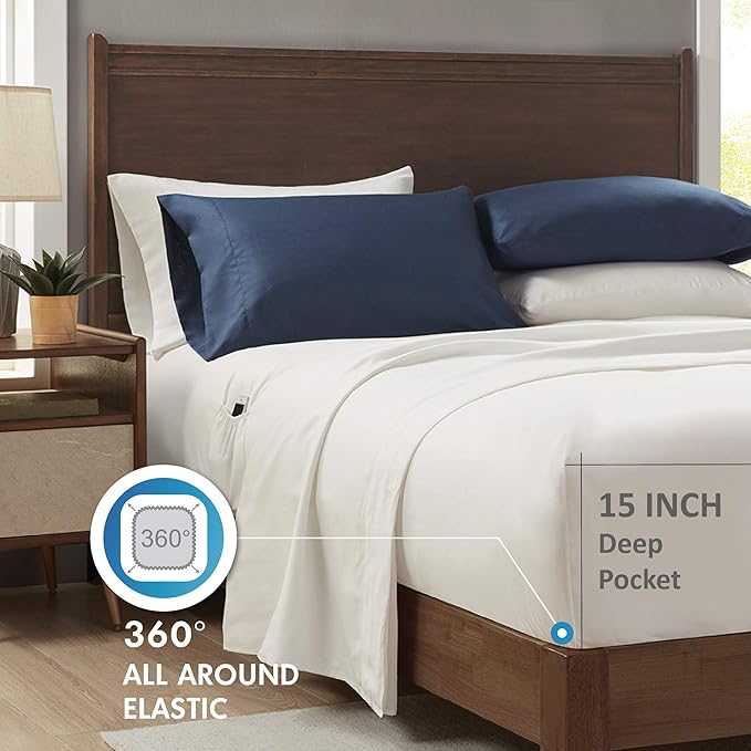 Comfort Spaces Bed in A Bag Comforter Set - College Dorm Room Essentials for Boys Men Bedding, Complete Dormitory Bedroom Pack And Sheet with 2 Side Pockets, King, Stripes Navy/Red - LeafyLoom