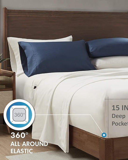 Comfort Spaces Bed in A Bag Comforter Set - College Dorm Room Essentials for Boys Men Bedding, Complete Dormitory Bedroom Pack And Sheet with 2 Side Pockets, Full, Stripes Navy/Red - LeafyLoom