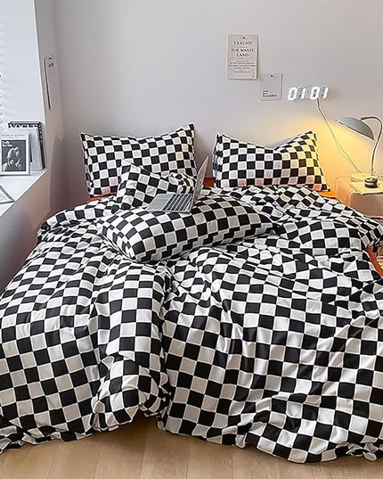 Black White Grid Comforter Set Twin Black Plaid Bedding Set Girls Black and White Checkered Bed Comforter Set Breathable Blanket Set Kids Durable Bedding Comforter Set - LeafyLoom