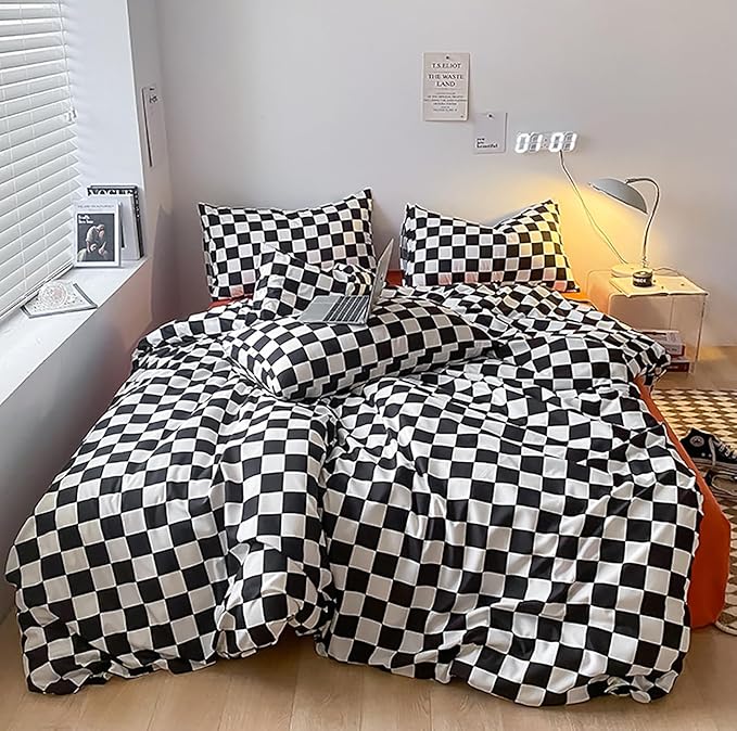 Black White Grid Comforter Set Twin Black Plaid Bedding Set Girls Black and White Checkered Bed Comforter Set Breathable Blanket Set Kids Durable Bedding Comforter Set - LeafyLoom