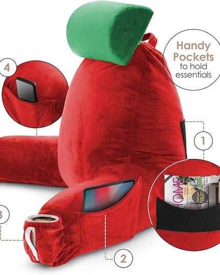 Clara Clark Reading Pillow, Large Back Pillow for Sitting Up in Bed, Memory Foam Back Support Pillow, Reading Pillows for Sitting in Bed Adult Holiday Color Sit Up Pillow for Bed with Arms and Pockets - LeafyLoom